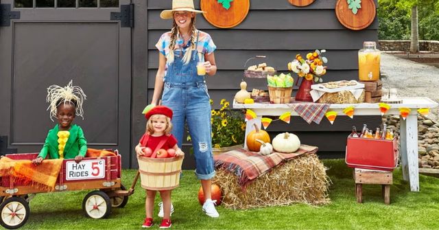 An overview of a family Halloween party in the Harvest and Hayride theme