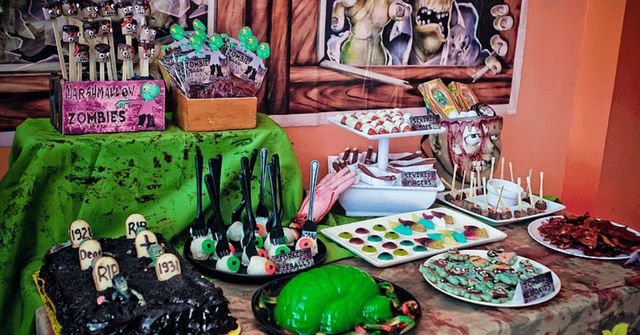 An overview of a Halloween party decorated following the theme of Zombie Apocalypse