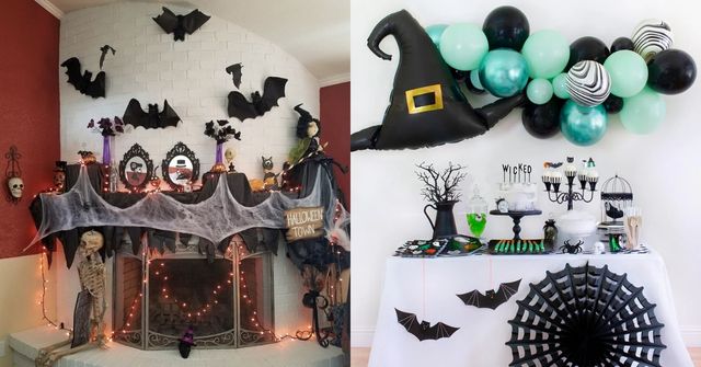 Two Halloween party corners decorated with cowebs and bats