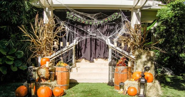 A fully decorated Halloween party entrance