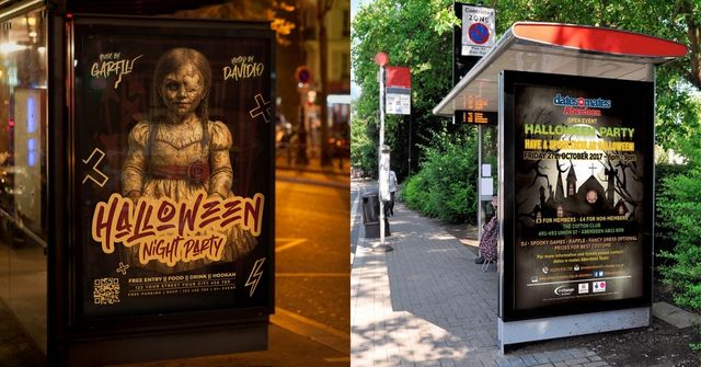 2 examples of Halloween posters displayed at bus stations 