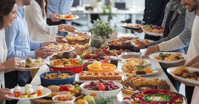A group of colleagues gather around a Christmas potluck table laden with colorful dishes, fruits, and pastries