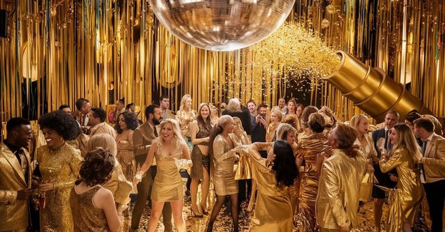 A lively Christmas party theme with a disco ball, gold streamers and confetti