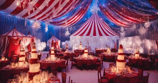 Festive circus-themed Christmas party with red and white striped tents, dazzling lights, and snowflake decor