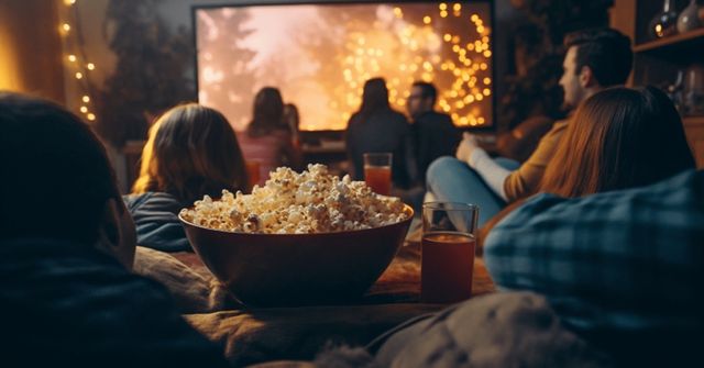 A cozy Christmas party with colleagues watching a movie on a large screen