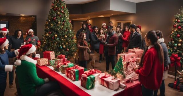A festive work Christmas party scene with employees exchanging gifts near a decorated tree