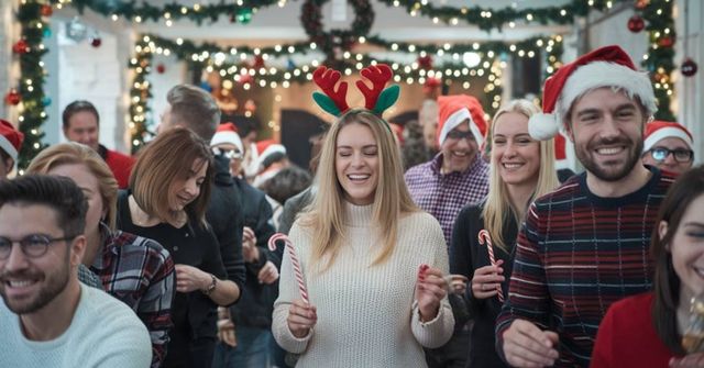 Group of colleagues holding candy canes during their Candy Cane Drop work Christmas party games