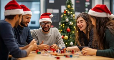Five colleagues sit around a table playing work Christmas party games, smiling and laughing