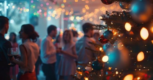 A festive company Christmas celebration with employees in elegant attire mingling in a proper work Christmas party etiquette