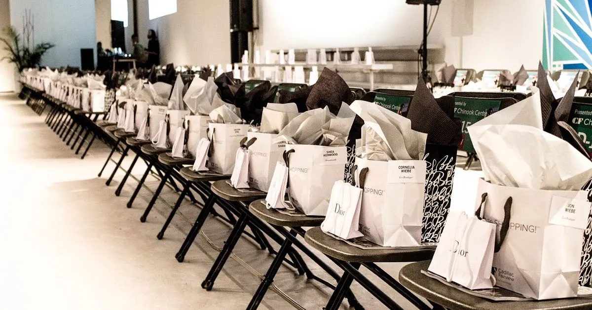 A line of giveaway gifts for conference attendees