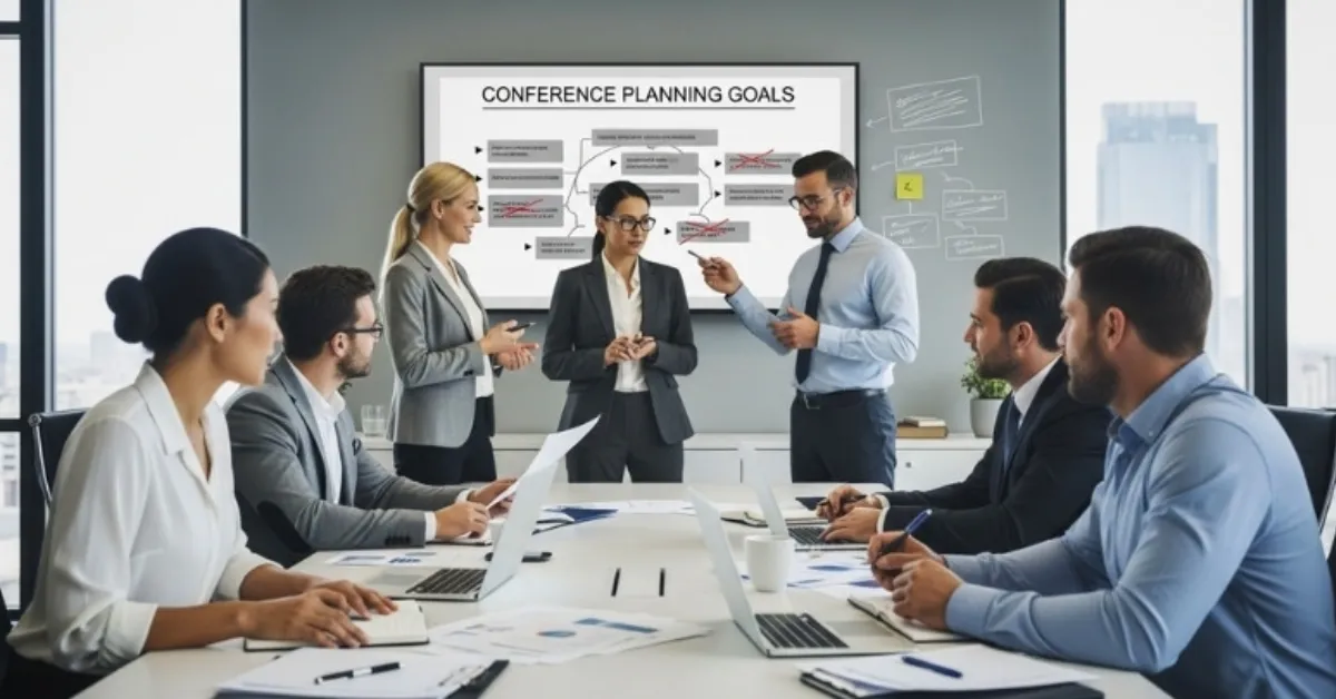 A diverse group of professionals gather in an office meeting, discussing conference planning goals