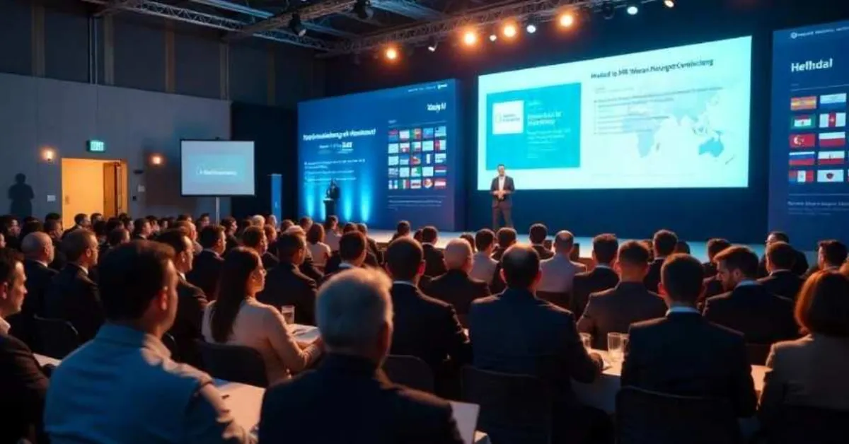 An audience in a dimly lit conference room attentively watches a speaker on stage