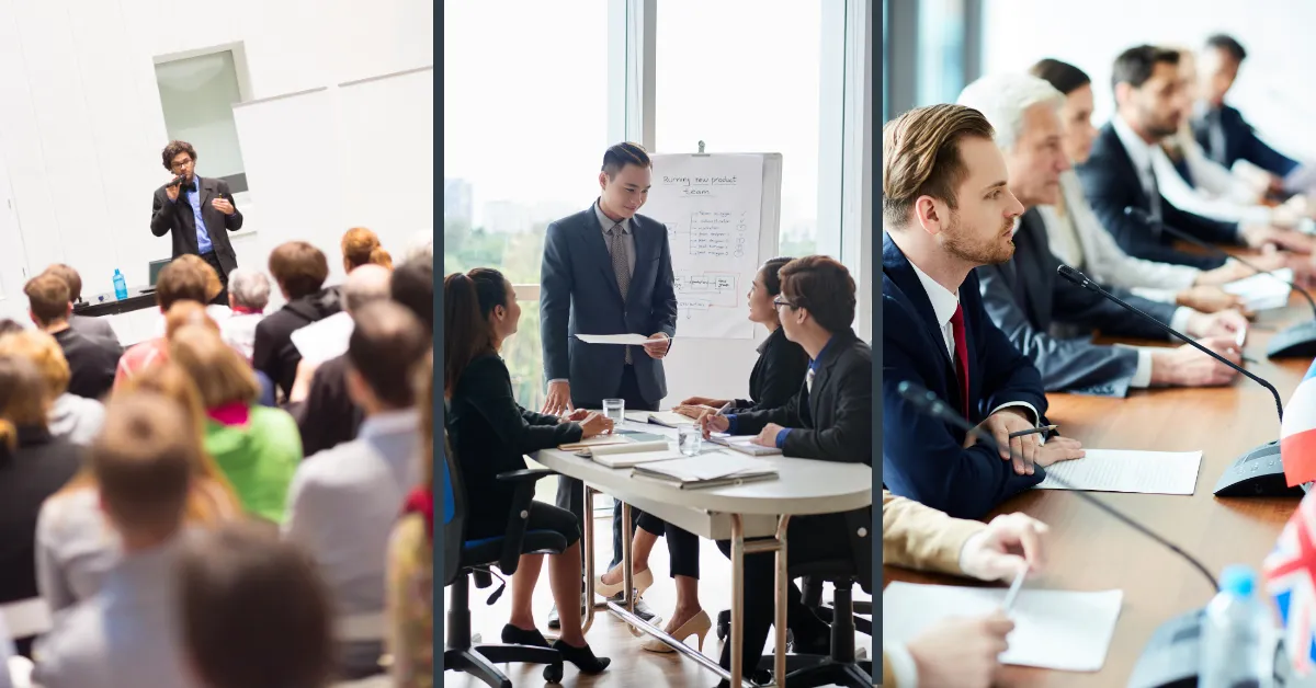 A composite image of conference vs other events including meeting and summit