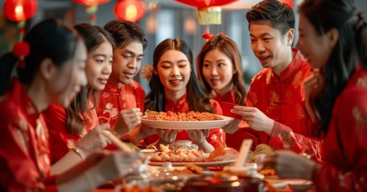 A group of colleagues in festive Chinese New Year attire sharing food at a party