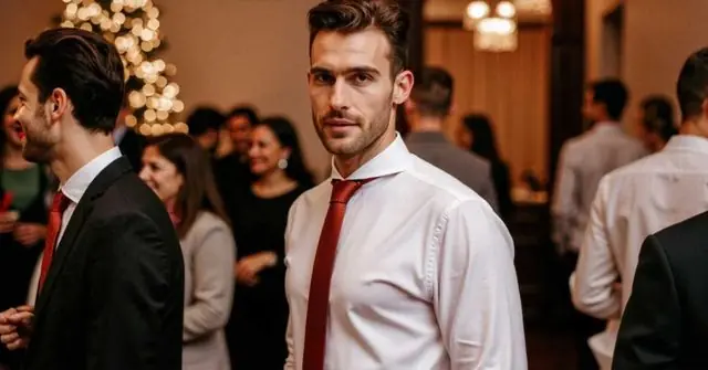 A man in a white shirt and burgundy tie stands confidently at a festive work Christmas party