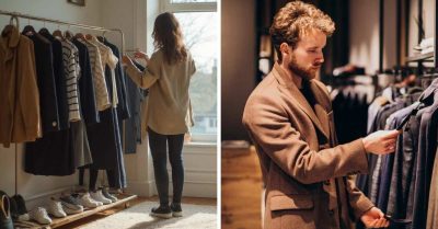 A woman and a man are looking for what to wear to a work Christmas party
