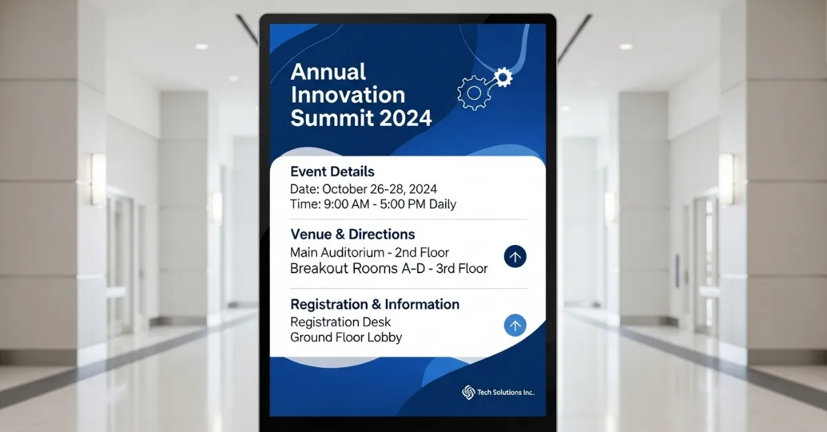 A digital sign with event details, venue directions, and registration info