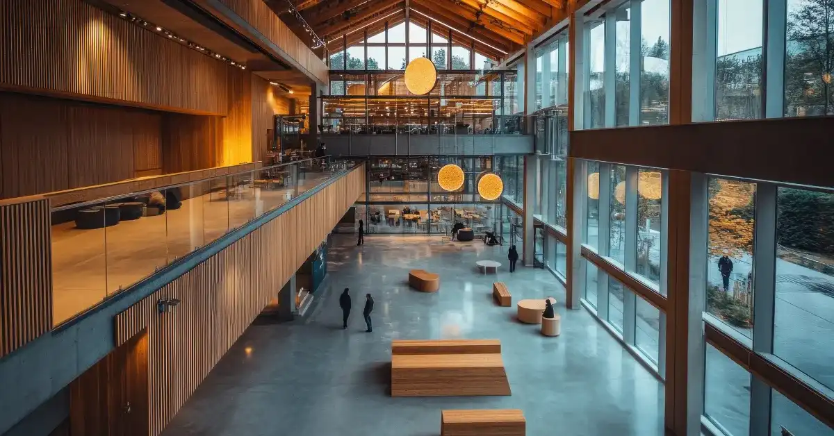 Spacious modern corporate event venue with large windows, wooden accents, and spherical hanging lights