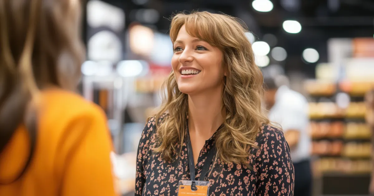 A smiling female participant during a short on-the-spot survey at a corporate event