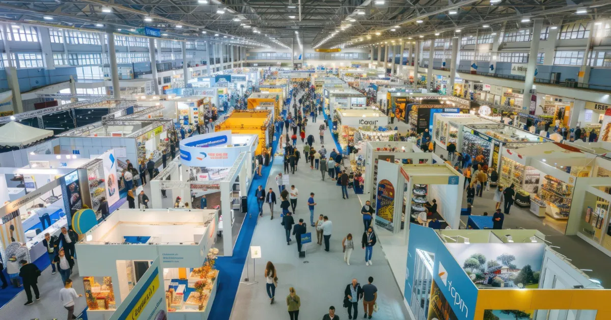 A bustling trade show with numerous booths displaying various products, colorful banners, and a diverse crowd of attendees