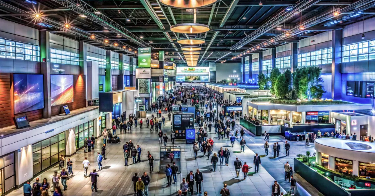 A bustling indoor exhibition hall with different exhibition booth locations