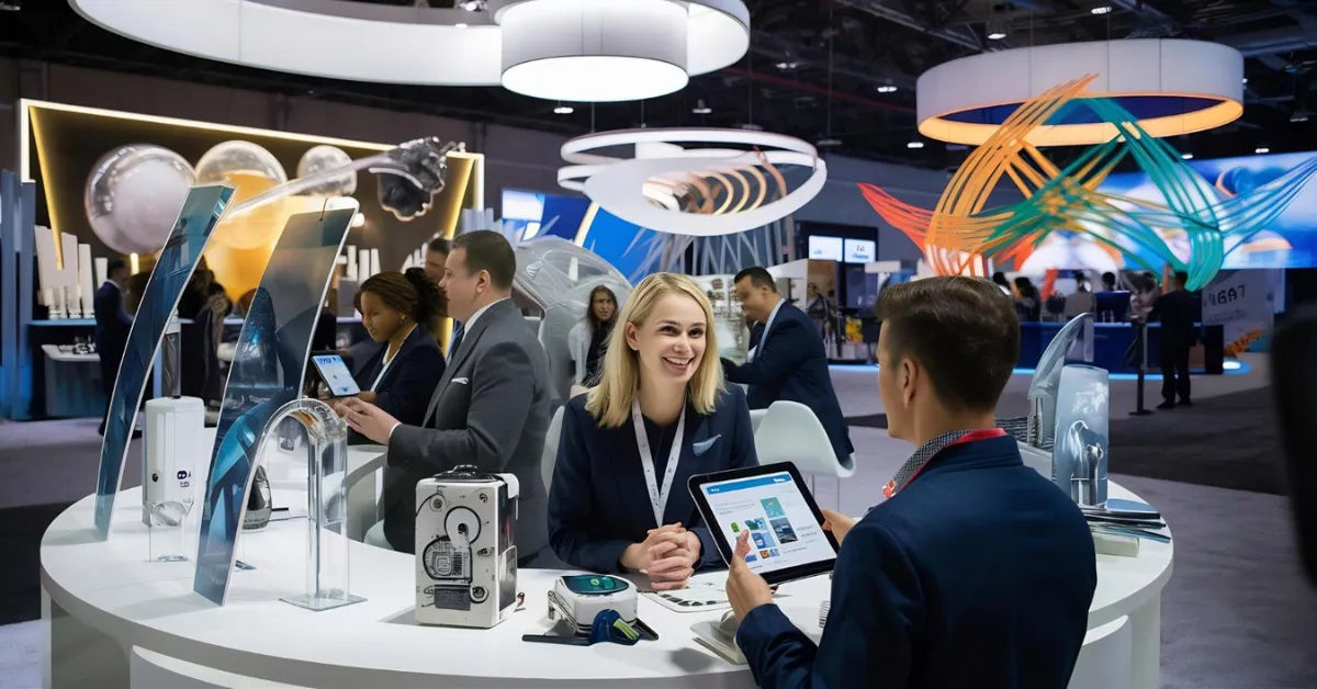 A female staff is positioned strategically to maximize an exhibition booth location