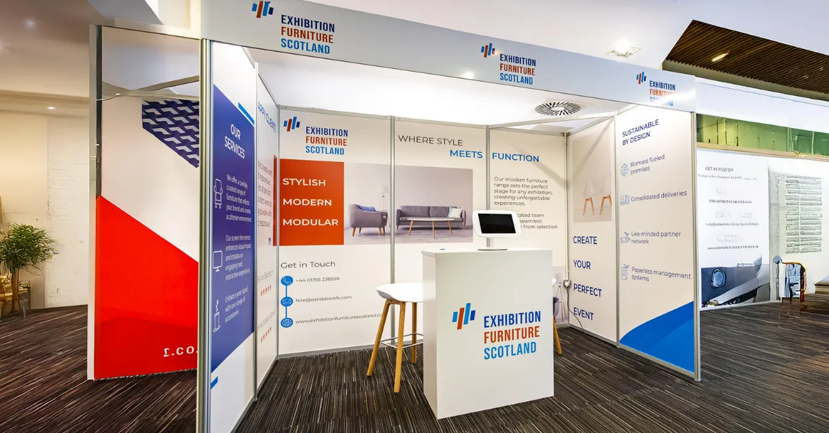 Examples of a shell scheme booth at an exhibition