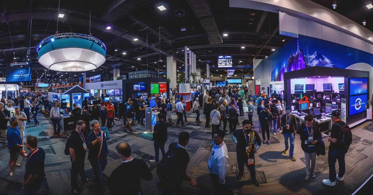 A busy trade show with various booths with different sizes and visibility