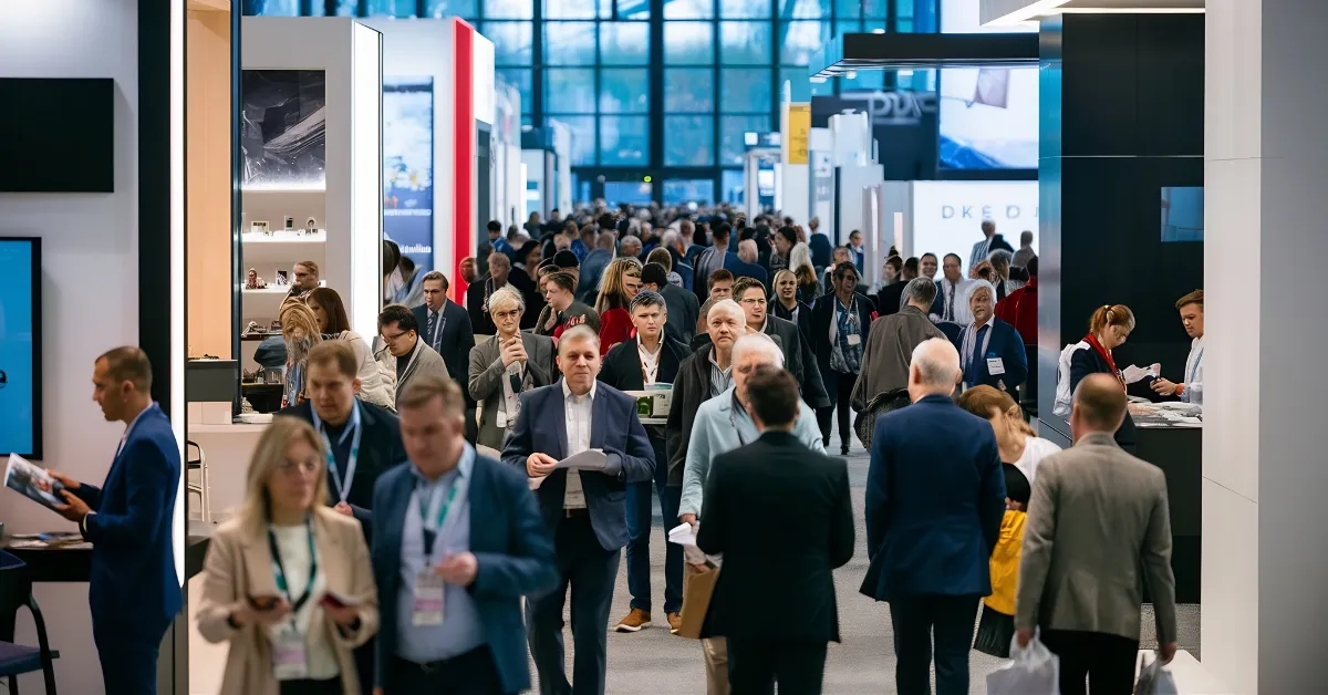 Overview of an event venue filled with people walking around
